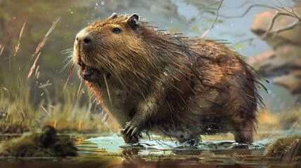 Wall Mural - A true-to-life fantasy rendering of an irate and filthy hairy capybara with acute quills. 