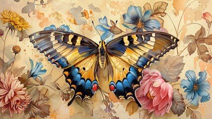 Artistic illustration of beautiful butterfly with flower background