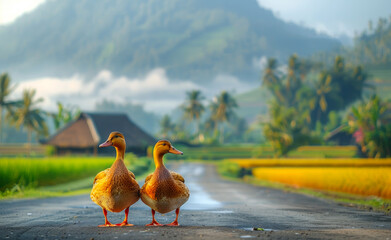 Wall Mural - Two ducks walking on the road in the morning