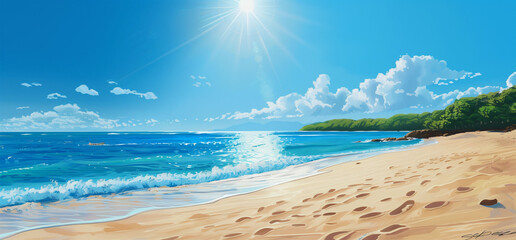 .Sandy Beach with Blue Sea and Bright Sun.