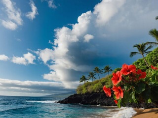 Wall Mural - Tropical paradise, Maui's hibiscus, beaches, blue ocean,a slice of heaven.