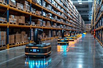 Autonomous robots navigating warehouse aisles