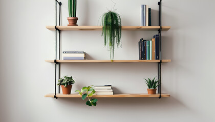 Wall Mural - Modern shelves with books and cacti hanging on light wall