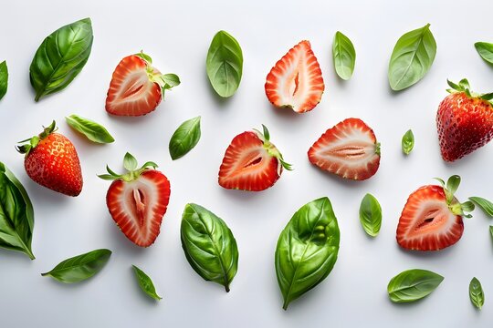 Fresh Strawberries and Basil Leaves, Flat Lay Food Photography, Minimalist Design, Vibrant Summer Ingredients, Natural and Healthy, Copy Space, set of strawberry