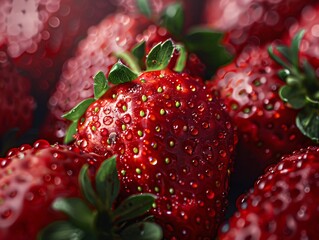 Canvas Print - Macro shot of fresh strawberries with dew drops