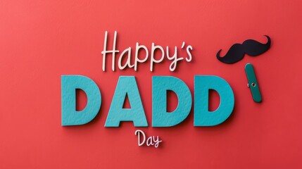 Wall Mural - Happy Father's Day text with 'DAD' in blue and a black mustache on a red solid background. 