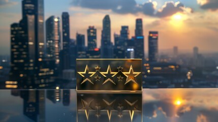 Wall Mural - Three gold stars sit on a reflective surface with a blurred cityscape and sunset in the background. The stars appear to be a rating or symbol of excellence.