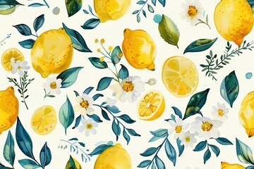 Seamless Tropical Lemon and Leaf Pattern. Watercolor illustration evokes a tropical and summery feel, perfect for use in textile, wallpaper, and various home decor items.
