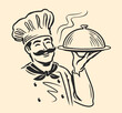 © ~ Bitter ~ - Happy chef with tray of food in hand. Vector illustration for restaurant or cafe menu. Cooking emblem or logo