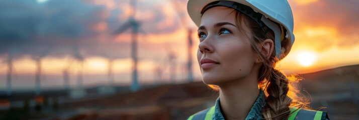 Wall Mural - A female engineer in a white hard hat and green vest stands near the wind turbines in the background.