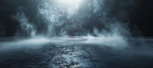 Wall Mural - Abstract background of an empty dark room with smoke and light on the asphalt floor, empty scene for product presentation. The background depicts an empty, dark room