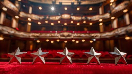 Five silver stars sit on the red velvet stage of a theater, with the empty seats of the auditorium blurred in the background.