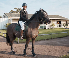 Poster - Horse, portrait and woman on ranch or farm for fitness, training and sport or competition. Event, animal and female jockey in countryside for hobby, dressage and performance in nature in Texas