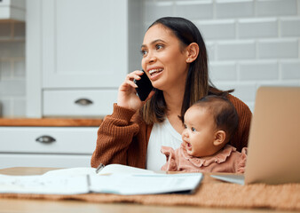 Wall Mural - Phone call, mother and baby in kitchen with laptop, documents and work from home with kid. Woman, child and technology in apartment for online, communication and conversation for job or career