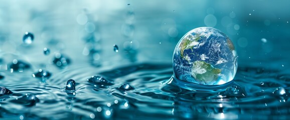 World water day concept with planet Earth inside a drop of blue liquid