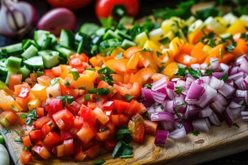 Wall Mural - Chopped Vegetables: A Colourful Mix of Raw Vegan Vegetables on Cutting Board