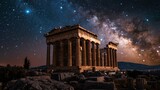 Midnight Majesty, Ancient Greek Temple Glowing Under the Stars. Generative Ai