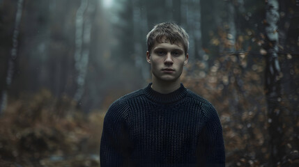 A young man with short hair in a dark sweater stands alone against the background of an enchanted forest 