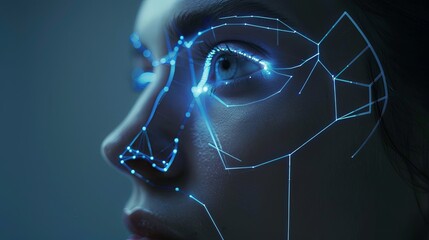 Poster - A close-up image of a womans face being analyzed by a facial recognition system, with a glowing grid overlaying her features. Generative AI