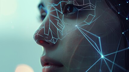 Poster - A close-up image of a womans face with a digital mesh overlay, representing the intricate workings of facial recognition technology. Generative AI