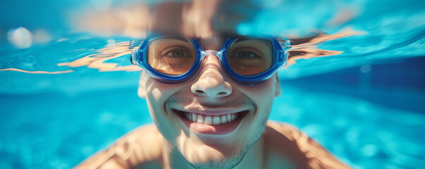 Wall Mural - Man smiling underwater with goggles in a swimming pool, vibrant and joyful concept