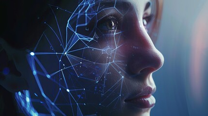 Poster - A close-up view of a persons face with a digital web of lines overlaying it, symbolizing a facial recognition system. Generative AI