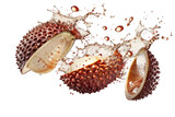 A dynamic image of exotic salak fruit being cut open, with juice splashing out, highlighting the texture and freshness of the tropical fruit, transparent background