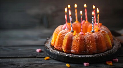 Wall Mural - Festive Bundt Cake with Lit Candles on Rustic Wooden Table. A beautifully decorated bundt cake sits invitingly with glowing candles. Perfect for celebrations like birthdays or anniversaries.AI