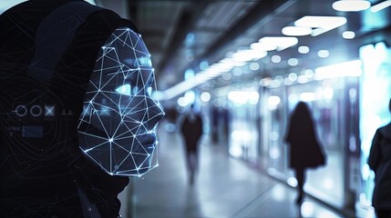 Poster - A person walks through a bustling city with their face obscured by a digital mask, illustrating the concept of facial recognition systems. Generative AI