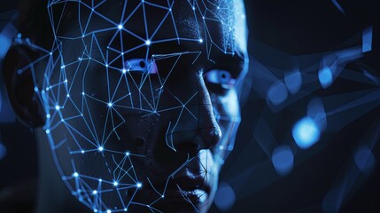 Poster - A close-up image depicting a face overlaid with a blue, glowing digital mesh, representing the concept of facial recognition technology. Generative AI