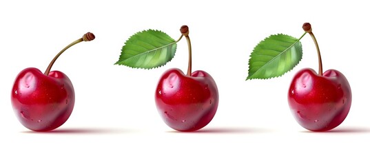 Canvas Print - Three realistic red cherries with green leaves against a white background. Simple and clean style. Perfect for food and fruit concepts. Ideal for blogs, websites, and advertisements. AI