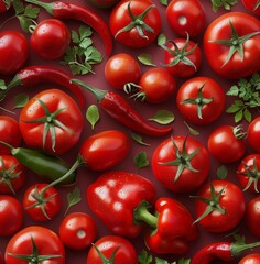 Wall Mural - Fresh Red Tomatoes, Peppers, and Cucumbers Close Up