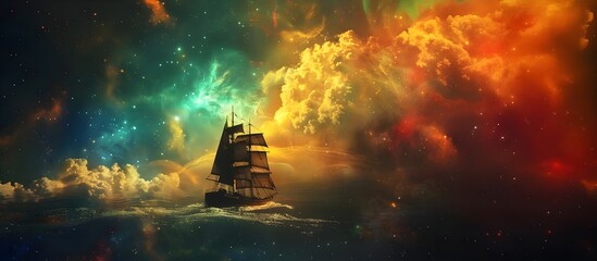 Wall Mural - a sailboat traveling among the stars in a colorful rainbow galaxy sea in stars and space (generative