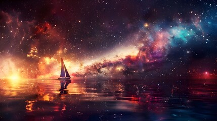 Wall Mural - a sailboat traveling among the stars in a colorful rainbow galaxy sea in stars and space (generative