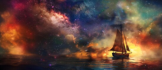 Wall Mural - a sailboat traveling among the stars in a colorful rainbow galaxy sea in stars and space (generative