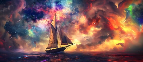 Wall Mural - a sailboat traveling among the stars in a colorful rainbow galaxy sea in stars and space (generative