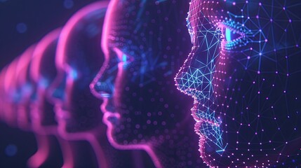 Poster - Abstract representation of facial recognition technology with glowing profiles. Generative AI