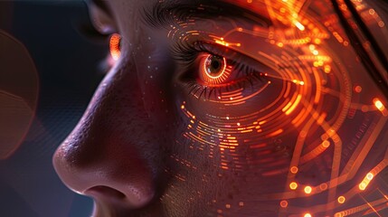 Fototapete - A close-up of an eye with digital lines and glowing circuits surrounding it, representing a facial recognition system concept. Generative AI