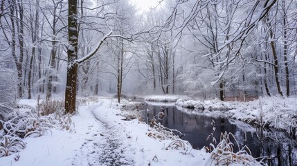 Wall Mural - Snowy woodland with a pond and pathway