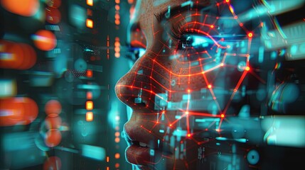 Fototapete - A close-up of a persons face with a digital overlay, representing facial recognition technology. Generative AI