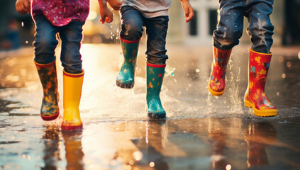 five children are wearing colorful rain boots and jumping through a puddle