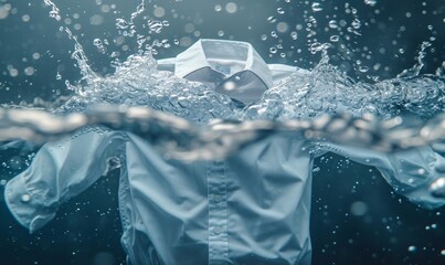 cleaning clothes washing machine or detergent liquid commercial advertisement style with floating shirt and dress underwater with bubbles and wet splashes laundry work as banner design, Generative AI