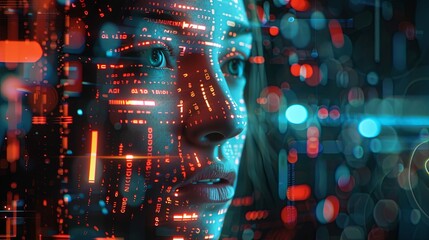 Fototapete - A close-up image of a persons face, with a digital overlay of data and lines, illustrating the concept of facial recognition technology. Generative AI