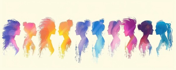 Wall Mural - Colorful silhouettes of women and men in profile on white background, illustration design with rainbow color palette Generative AI