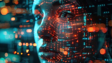 Fototapete - A close-up of a face overlaid with a network of glowing red lines, suggesting advanced facial recognition technology in a futuristic setting. Generative AI