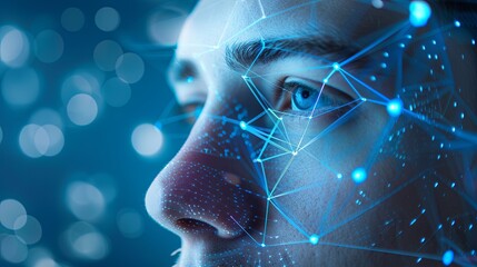 Fototapete - A close-up of a mans face with a digital network overlay, illustrating the concept of facial recognition technology. Generative AI
