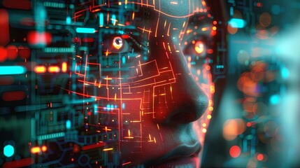Fototapete - A close-up of a human face, illuminated by glowing lines, depicting the concept of facial recognition systems. Generative AI