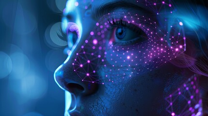 Fototapete - A close-up of a persons face with a digital overlay, depicting a facial recognition system in operation. Generative AI