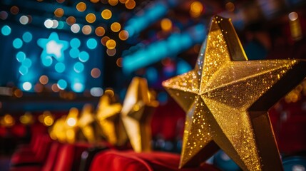 A close-up of a large, gold, glittery star award on a stage, with other stars blurred in the background.