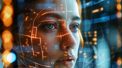 Fototapete - A womans face is overlaid with a futuristic digital grid, signifying the application of facial recognition technology. Generative AI